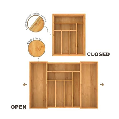 BAMEOS 3.9inch Tall Bamboo Drawer Organizer, Expandable Utensil Holder with 8 Compartments, Adjustable Kitchen Drawer Divider for Flatware, Silverware and Gadgets, Deep Storage for Home and Office - size: 3.9''H 22X16