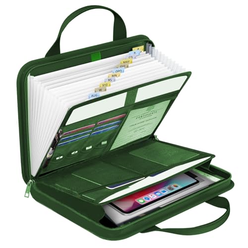onvvippiv File Organizer Fireproof Expanding Accordion File Folder | Document Organizer Holder Storage Box Bag with Zipper Labels 13 Pockets for Business Office Receipt Home Travel - color: Green, style: Classic