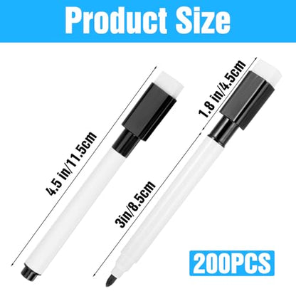 200 PCS Fine Point Tip Magnet Pens Black Dry Erase Markers with Eraser Cap Mini White Board Markers Dry Erasable Marker for Office School Supplies