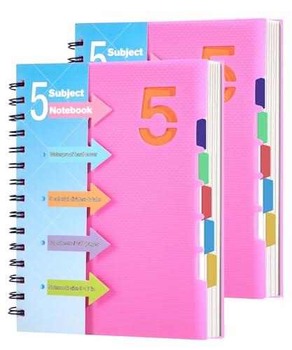CAGIE 5 Subject Notebook 2 Pack, A5 Small Spiral Notebook with Removable Pocket Dividers Tabs, 240 Pages Spiral Note Book College Ruled for School Work Note taking, Pink - color: Pink, size: A5(6×8in)-2 Pack