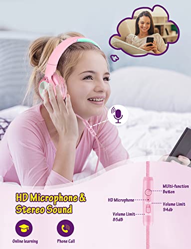 Voopwink Kids Headphones with Microphone, Wired Over Ear Headsets with Limited Volume 85dB/ 94dB for Boys Girls Teens Children Online School/Travel/iPad/Tablet/Cellphone Pink - color: Pink, size: Plug 3.5mm