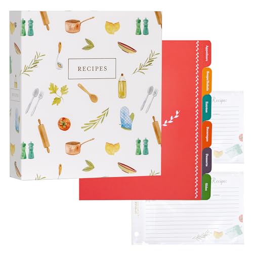 Jot & Mark 8.5" x 9.5" 3 Ring Recipe Binder with 50 Matching 4x6 inch Recipe Cards, 25 Top & Bottom Binder Sleeve Sheet Protector, 5 Full-Page Undivided Sleeves, 6 Sturdy Divider Tabs, Kitchen Toolkit | 50 Recipe Cards + 25 Sleeve Protectors + 5 Full-Page