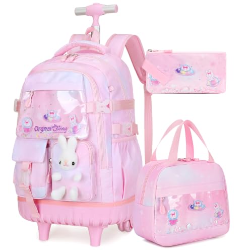 FIXITOK Rolling Backpack for Girls, Kawaii Bunny Roller Wheels School Backpacks with Lunch Bag Pencil case, Wheeled Suitcase Bookbag for Elementary Travel Dreamy-Pink - color: Dreamy-pink