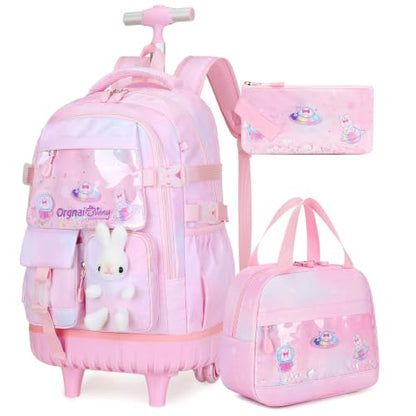 FIXITOK Rolling Backpack for Girls, Kawaii Bunny Roller Wheels School Backpacks with Lunch Bag Pencil case, Wheeled Suitcase Bookbag for Elementary Travel Dreamy-Pink - color: Dreamy-pink