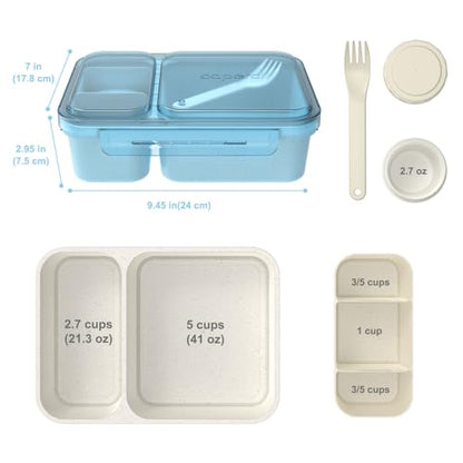 Caperci 2 Pack Salad Containers - Extra-Large 62 oz Bento Lunch Box for Adults, 2-Compartment Meal Prep Container with Removable Toppings Tray, Sauce Cup, Reusable Fork, BPA-Free (Blue & Tofu) - color: Light Blue & Tofu