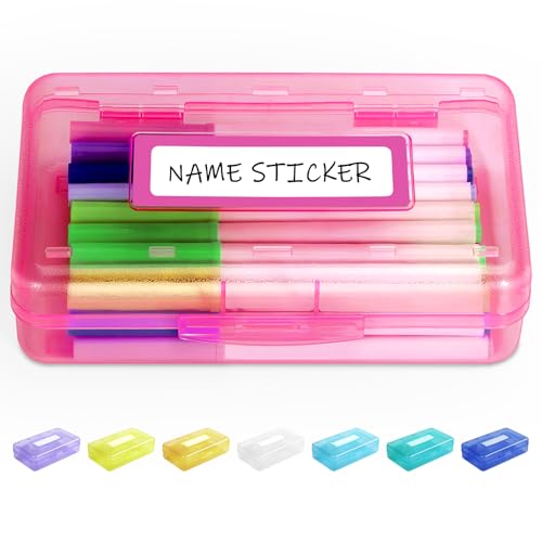 Sooez Pencil Box with Personalized Sticker,Large Hard Pencil Case Organizer | Clear Plastic Crayon Box for Girls and Boys, Colored Marker Organizer, Small Plastic Containers/Bins with Lids, Art Supply - color: Pink