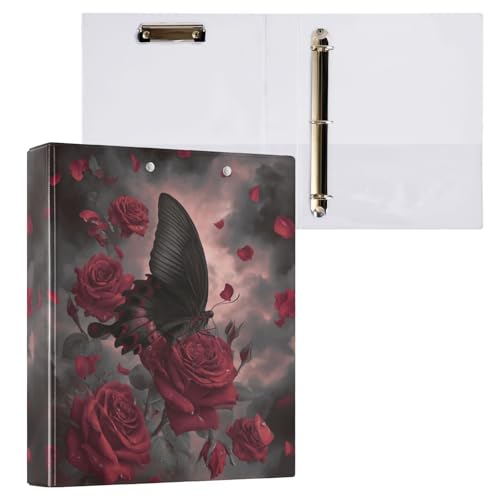 Dark Gothic Roses Black Butterfly Binder 3 Ring 1.5 Inch Binder with Clipboard&Pockets, Hardcover Binders Heavy Duty Large File Folder for Office School Supplies - Holds 200 Sheets - color: Dark Roses With Black Butterfly, size: 1 Pack-12.4x10.63in