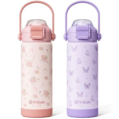 Fimibuke Kids Insulated Water Bottle with Pop-Open Straw & Spout 2-in-1 Lid, 18oz Leak Proof 18/8 Stainless Steel Vacuum Tumbler, BPA-Free Kids Cup For Travel School Boys Girls Toddler 2 Packs - color: Rose & Butterfly, size: 18 Ounces