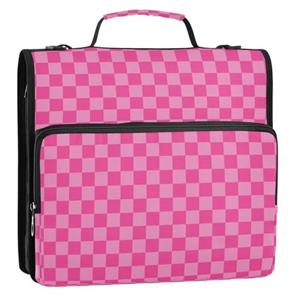Zipper Binder Bag 3 Ring File Folder Portfolio Organizer Zippered Binder Bags with Strap Fits Laptop Women Men - color: 26-pink Checkered