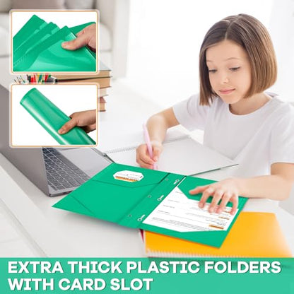 Henoyso 48 Pcs Plastic Folder with Clear Front Pocket and 3 Prongs Heavy Duty Plastic Folders with Card Slot Pocket Folders with Prongs for School Office Home(Green) - color: Green
