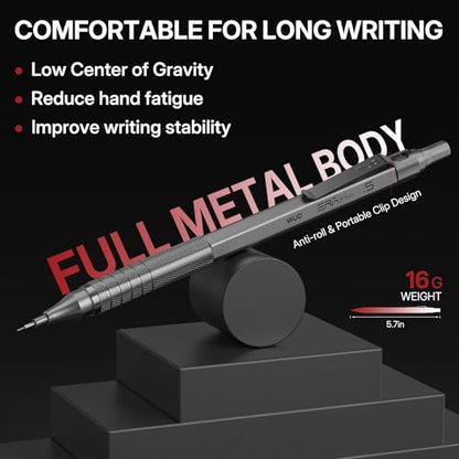 WUO Metal Mechanical Pencil Set, 5-Pack 0.3mm 0.5mm 0.7mm 0.9mm 2.0mm Drafting Pencils with 312 Lead Refills, Precision Eraser Pen, Erasers & Sharpeners for Drawing, Sketching, Writing - color: Grey, size: 0.3/0.5/0.7/0.9/2.0