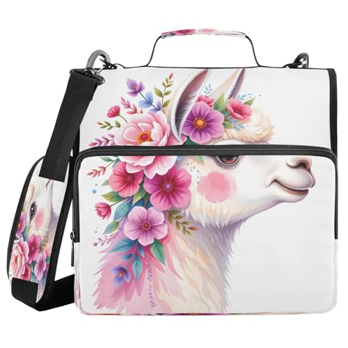 3 Ring Zipper Binder Alpaca Pink Floral Binders Bag with Shoulder Strap 500 Sheets Paper Organizer Trapper Keeper Documents Storage File Folder for School Office - color: A498