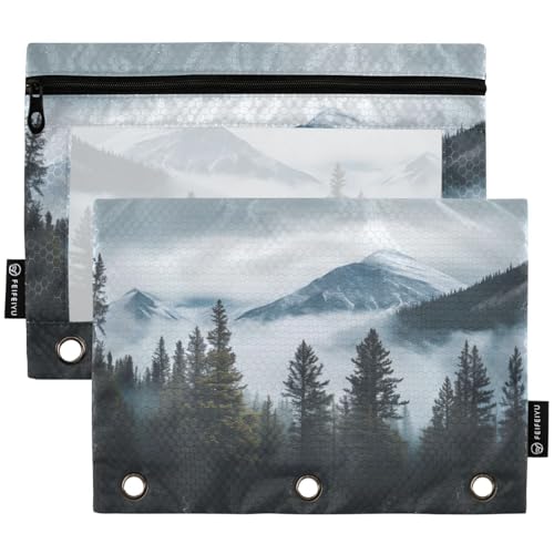 Studying 2 Pack Spring Foggy Mountain Forestst Trees Silhouette 3 Ring Binder Pencil Pouch Bags,Clear Window Zipper Storage Case for Boys Girls School Office Supplies Cosmetics Organizers - color: Multi-mountain