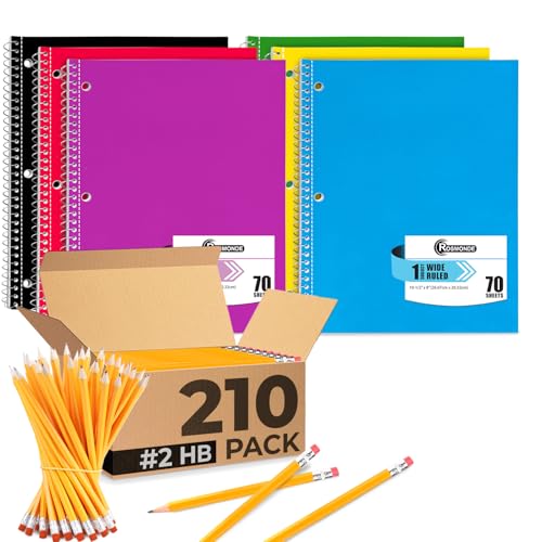 Rosmonde 210 Pack Pre Sharpened Pencils #2 and 1 Subject Notebook Wide Ruled, 6 Pack, 70 Sheets (140 Pages) Bulk Combo for Teacher Pack, Assorted Colors Bulk School Supplies
