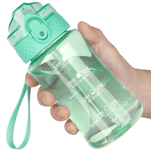 OLDLEY 12oz Kids Water Bottle, Tritan BPA-Free, Leakproof Flip Straw Lid, Motivational Time Marker, Carry Strap, Reusable Clear Water Bottle for Boys & Girls,Glow Green - color: Glow Green, style: 12 Ounces