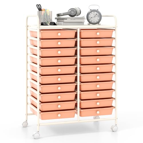Giantex 20 Drawers Rolling Cart, Mobile Storage Drawer Cart, Classroom Organizer for Office School Supplies Tools Scrapbook Paper Craft Small Printer, Utility Stand on Wheels, Peach - color: Peach Fuzz, size: 25” x 15” x 35”(20 Drawers)