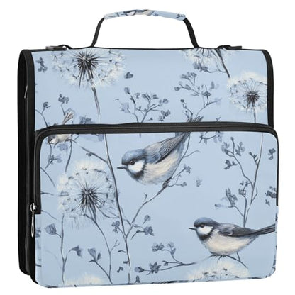 Blue Dandelions and Birds Zipper Binder 3 Ring 1.5 Inch School Binder Organizer with Shoulder Strap Handle File Folder Pockets Large Capacity Students Girl Boy Men Office Work - color: Blue Dandelions and Birds