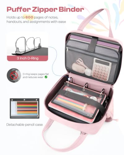 Puffer Zipper Binder 3 Ring with Pencil Pouch, 3" D-Ring Binder with Zipper and Shoulder Strap, 600+ Sheets Capacity Zip Up Binder with 15.6" Laptop Pocket, Binder Bag for School College Office, Pink - color: Pink