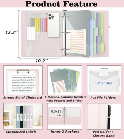 3 Ring Binder, 1 Inch Leather Binders with Clipboards, 5-Tabs Pockets Dividers, 18 Divider Stikers, Plastic Folder, Pen Holder, Three Ring Binder with Pen Holder(Pink, Letter Size) - color: Pink, size: 1in（Letter Size）