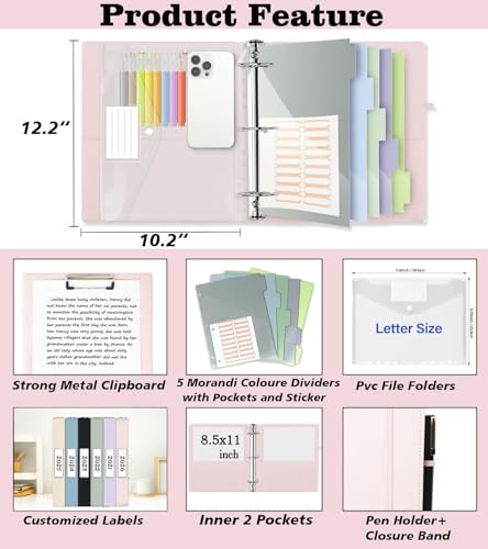 3 Ring Binder, 1 Inch Leather Binders with Clipboards, 5-Tabs Pockets Dividers, 18 Divider Stikers, Plastic Folder, Pen Holder, Three Ring Binder with Pen Holder(Pink, Letter Size) - color: Pink, size: 1in（Letter Size）