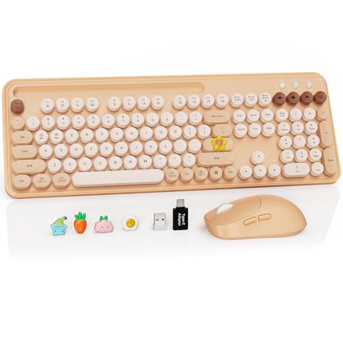 Wireless Keyboard and Mouse Combo, Retro Round Keycaps, Full-Size Typewriter Keyboard with Phone/Tablet Holder, Ergonomic Mouse with 3-Level DPI, 2.4GHz Connection for Windows/PC (Beige Colorful) - color: Beige Colorful