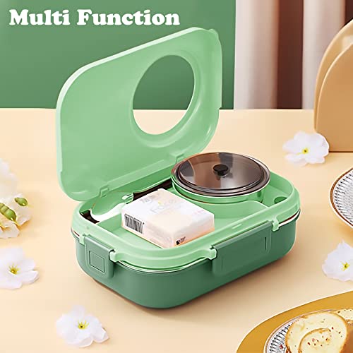 3 Compartments Bento Lunch box with Soup Bowl, Insulated Lunch Bag and Portable Utensils, Stainless Steel Camera Lunch Containers，Leak Proof Bento Box for Kids Adults Men Women… - color: 900ml-Green