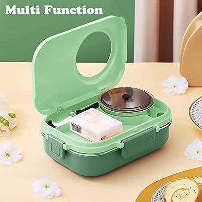 3 Compartments Bento Lunch box with Soup Bowl, Insulated Lunch Bag and Portable Utensils, Stainless Steel Camera Lunch Containers，Leak Proof Bento Box for Kids Adults Men Women… - color: 900ml-Green