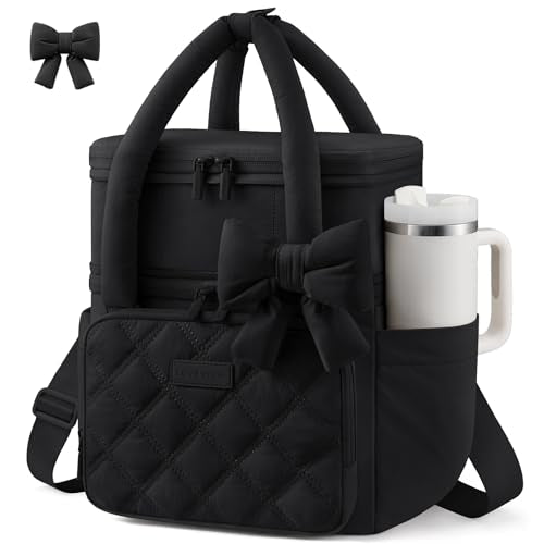 LOVEVOOK Insulated Lunch Bag Women,Expandable Double Deck Adult Lunch Box Women with Cup Holder,Bow Quilted Puffer Lunch Tote,Large Leakproof Collapsible Cooler Bag for Work College Picnic Meal Prep - color: Black, size: Large —15L