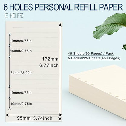 A6 Refill Paper, [5 Pack] Toplive 100GSM Thick Refillable Paper 6 Hole Filler Inserts Loose Leaf Paper 225 Sheets (450 Pages) for 6 Ring Binder Journal Notebook-Lined Paper - style: Line 5 Pack