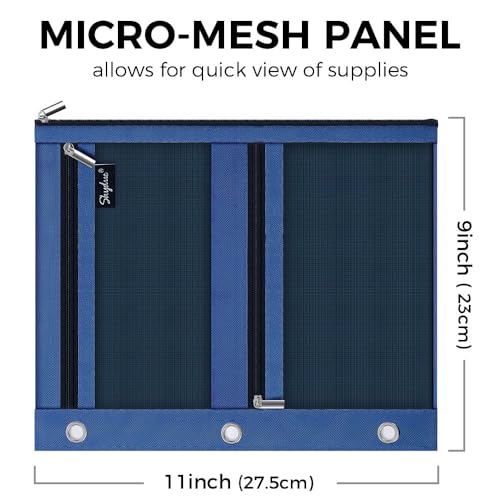 SKYDUE 3 Ring Pencil Pouch for Binder, Zipper Binder Pencil Pouch with 3 Pockets and Mesh Window, Durable Organizer for School Supplies, Cables, Earbuds, Makeup - color: Darkblue