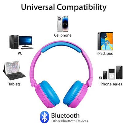Contixo KB-5 Kids Headphones - Over The Ear Foldable Bluetooth Wireless Headphone for Kids - 85dB with Volume Limited - Toddler Headphones for Boys and Girls (Pink + Blue) - color: Pink