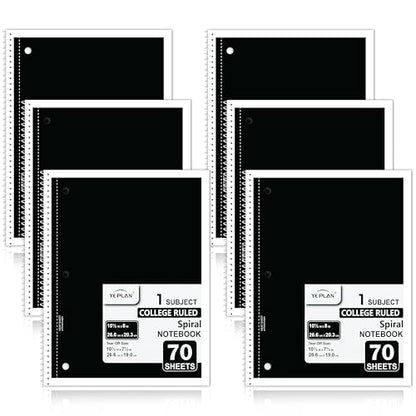 Yeplan Black Spiral Notebooks 6 Pack, College Ruled Notebook Paper, 1 Subject Notebook for School & Work, 8" x 10-1/2", 70 Sheets per Notebook, 6 Classic Black - color: 6 black
