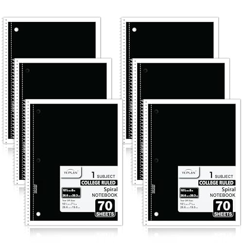 Yeplan Black Spiral Notebooks 6 Pack, College Ruled Notebook Paper, 1 Subject Notebook for School & Work, 8" x 10-1/2", 70 Sheets per Notebook, 6 Classic Black - color: 6 black