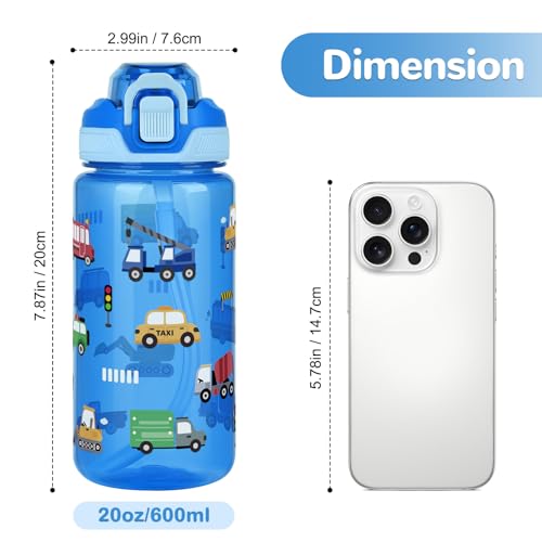 20oz 2 in 1 Removable Straw and Spout Kids Water Bottle with Pop-Up Lid & Lock, BPA-Free, Plastic Sports Water Bottle, Handle Strap, Dishwasher Safe, Boys & Girls, Transportation