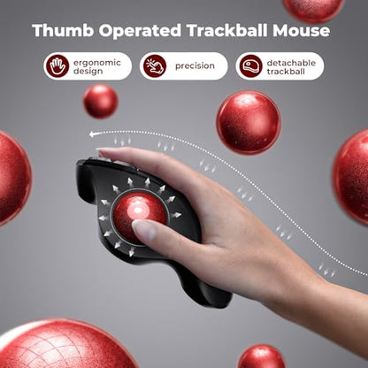 seenda Wireless Trackball Mouse, Ergonomic Bluetooth Rollerball Mouse Rechargeable, 3 Device Connection Optical Mice Adjustable DPI Thumb Control Mice Compatible for PC/Laptop/Windows/Mac - Black&Red - color: Black with Red ball