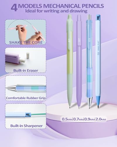 JIZHIYUAN Mechanical Pencil Set with Green Pencil Case,12X Pastel Mechanical Pencil 0.5mm-2.0mm with 564X HB+36X Color Leads for Writing, Drafting, Drawing, Sketching Ideal College Study Essentials - color: Green