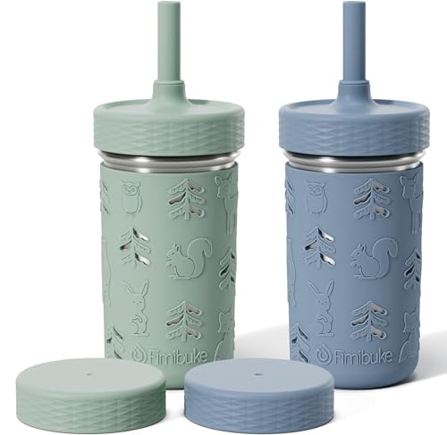 Fimibuke Toddler Cups Spill Proof, 12 OZ Sippy Cups for Kid Girl Boy, Stainless Steel Tumbler with Lid, Removable Silicone Straw & Sleeve, BPA Free Dishwasher Safe Water Bottle Snack Container 2 Pack - color: Sage/Misty Blue, size: 12 Ounces