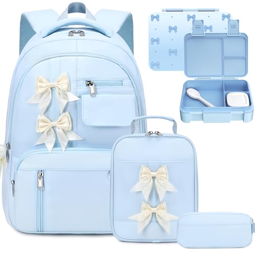Bevalsa Backpack for Girls, Bow Kids Backpack with Bento Lunch Box, Insulated Bag & Utensils, 34oz Lunch Containers, Cute School Bookbag for Girls Children Teens for Elementary Middle Student (Blue) - color: Blue