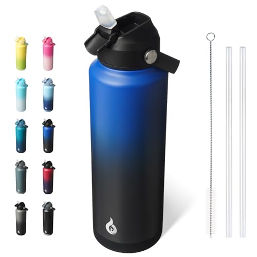 BJPKPK Insulated Water Bottle with Straw Lid, 40oz Large Thermo, BPA Free Leak Proof Stainless Steel Metal Water Bottles, Tumblers, Cups, Flasks for Travel, Sports,Black Blue - color: Black Blue, size: 40 Ounces