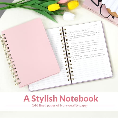 SUNEE Lined Spiral Journal Notebook for Women, 146 Pages College Ruled Hardcover Journaling Notebook for Work, Note Taking and Office School Supplies, A5 - Pink - color: Pink