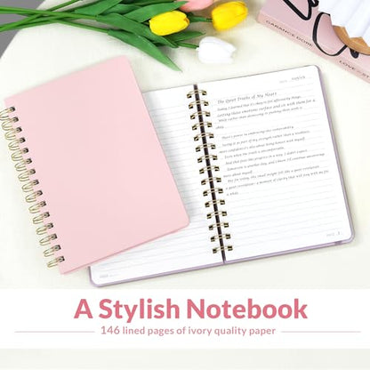 SUNEE Lined Spiral Journal Notebook for Women, 146 Pages College Ruled Hardcover Journaling Notebook for Work, Note Taking and Office School Supplies, A5 - Pink - color: Pink