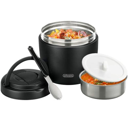 wiwens Thermo Food Jar for Hot Food Adults 32OZ Soup Thermo Lunch Containers Wide Mouth Vacuum Insulated Stainless Steel Leakproof Bento Box with Spoon (Black) - color: Black