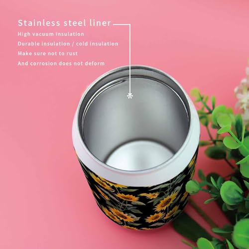 Spring Floral 10oz Stainless Steel Tumbler with Lid & Straw-Double Wall Vacuum Insulated Travel Mug Flowers Yellow Sunflowers Green Leaf Black Back Water Bottle Coffee Beverage Drinks Cup - size: 10 Ounces