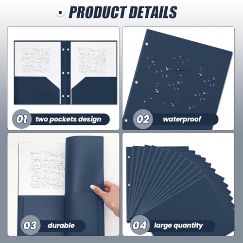 Yeaqee 50 Pcs Plastic Folders with Pockets Bulk 3 Hole Punched 2 Pocket File Folders for 3 Ring Binder Divider Folder for Notebooks, Durable Poly for Office Home (Navy Blue) - color: Navy Blue