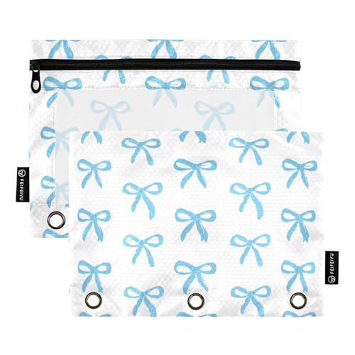 Binder Pouches 3 Ring for Boys Girls Light Blue Bows Plaid Zipper Pencil Pouches Case Bag with Clear Window School College Office Supplies 2 Pack - color: Black Bow