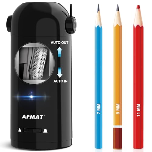 AFMAT Electric Pencil Sharpener, Fully Automatic Pencil Sharpener for Classroom, Robot Sharpeners for 7-11.5mm No.2/Jumbo/Colored Pencils, Auto in & Out, Rechargeable & Cordess, Hands-Free, PSX5,Black - color: Black