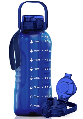 AQUAFIT 64 oz Water Bottle with Handle, 2in1 Lid | BPA Free Half Gallon Water Bottle with 2in1 Straw and Chug Lid - Leakproof Gym Water Bottle with Time Marker (Blue) - color: Blue