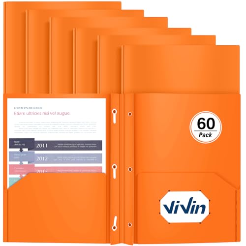 Heavy Duty Plastic Folder, 60 Pack, Pocket Folder with brads, Letter Size Poly File, Plastic Folders with 3 Prongs Fasteners - Orange - color: Orange, size: 60 PACK