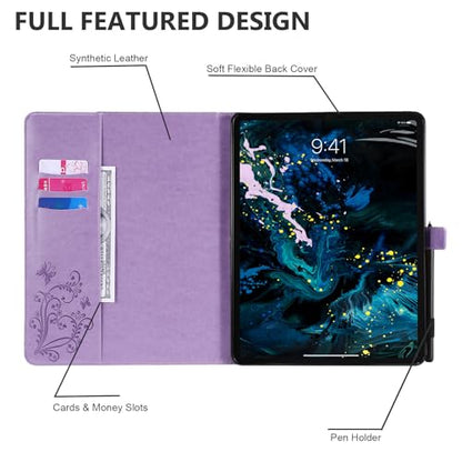Dteck Wallet Case for iPad Air 13 Inch M2 2024 & iPad Pro 12.9 2022/2021/2020/2018 with Pencil Holder,Embossed Butterfly Auto Sleep/Wake PU Leather Smart Stand Girls Cute Folio Pocket Cover,Purple - color: 10 Purple