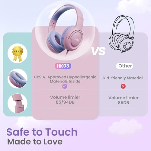 acer Kids Headphones - Over-Ear 85/94dB Volume Limiter 3.5mm Jack Foldable Stereo Sound Headset for Toddlers Girls Boys Travel Learning Entertainment Tablet Kindle iPad PC,Pink Purple, HK03 - color: Pink Purple